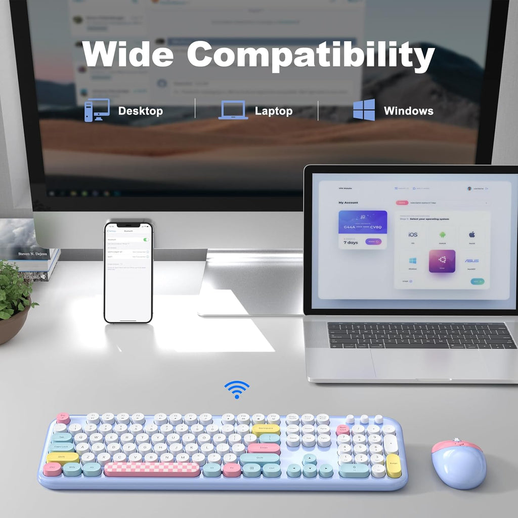 Wireless Keyboard & Mouse Combo - Silent Click, Colorful 104 Keys