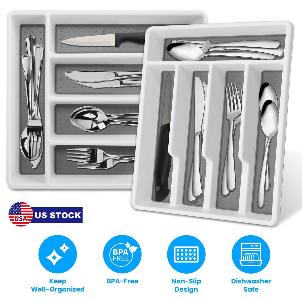 2Pcs Silverware Organizer Utensil Flatware Organizer Kitchen Drawer Silverware Storage Tray with Non-Slip 5 Compartments For Cutlery Spoon Fork