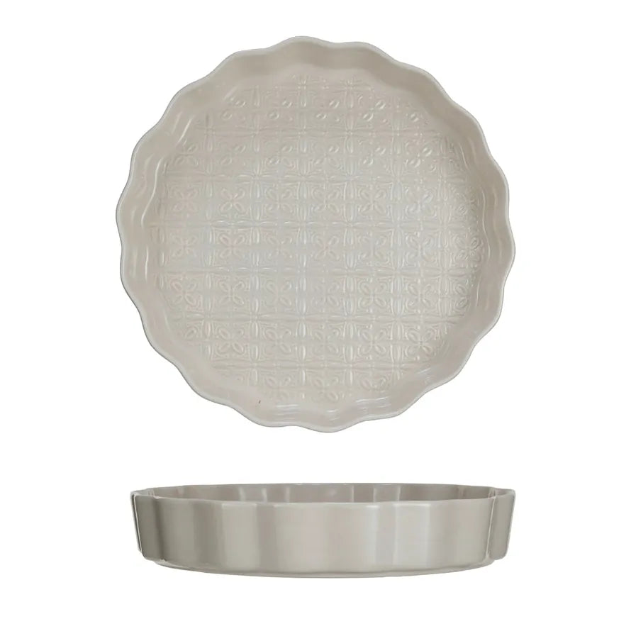 Cream Embossed Stoneware Fluted Pie Dish 11"