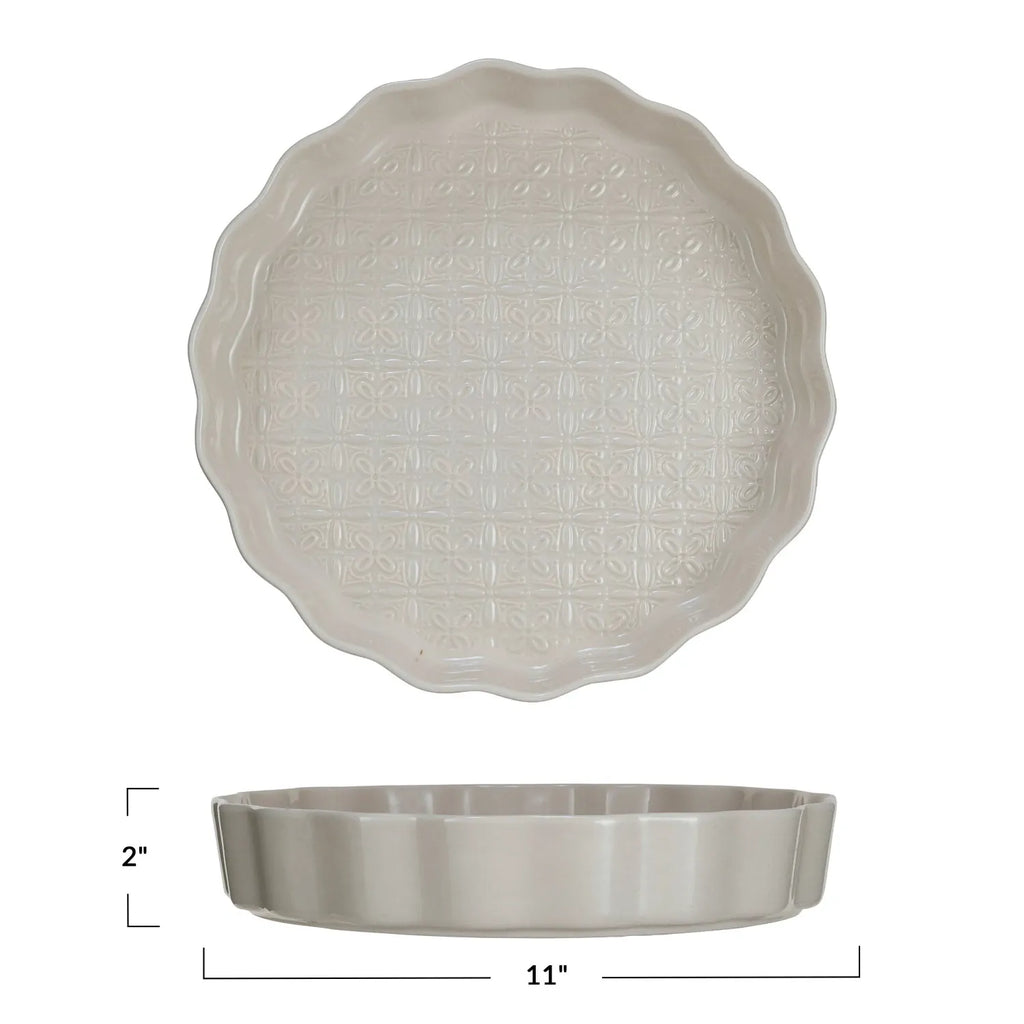 Cream Embossed Stoneware Fluted Pie Dish 11"