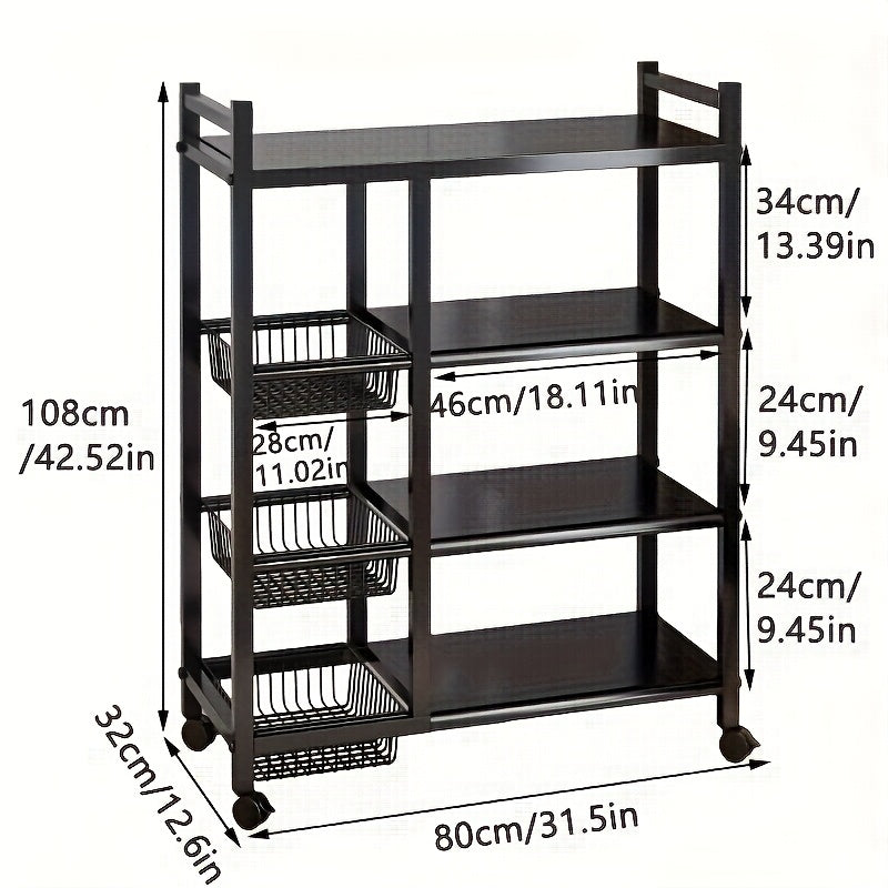 4-Tier Rolling Storage Rack with Baskets, Metal Utility Shelf on Wheel ...
