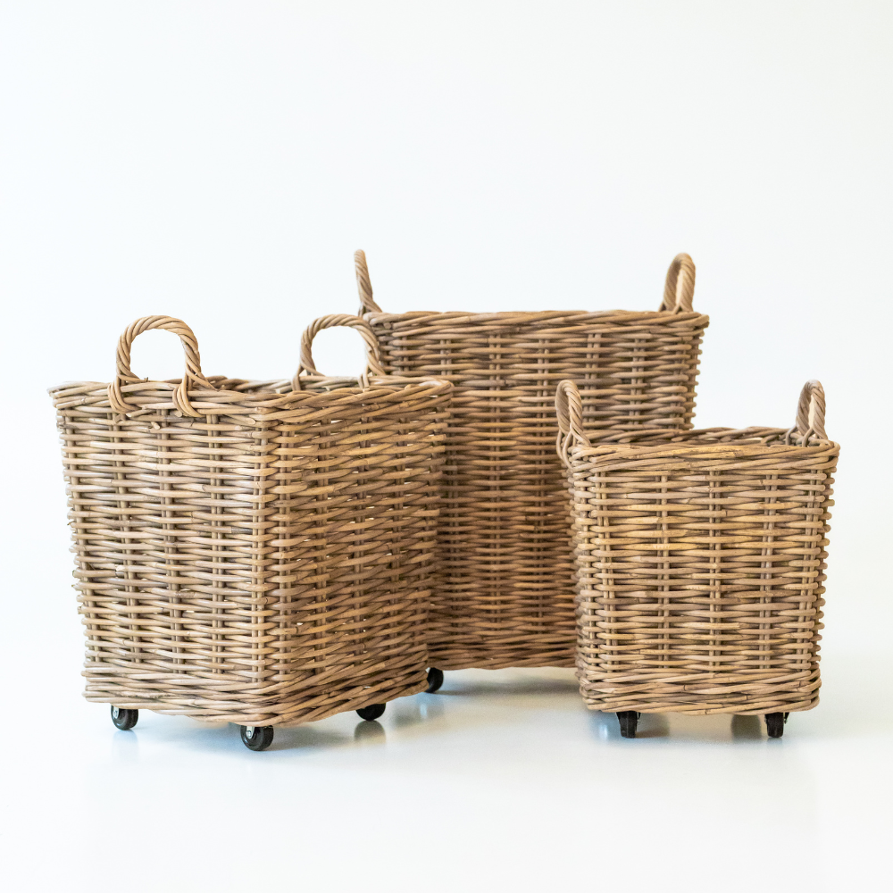 Rattan Square Storage Basket on Wheels