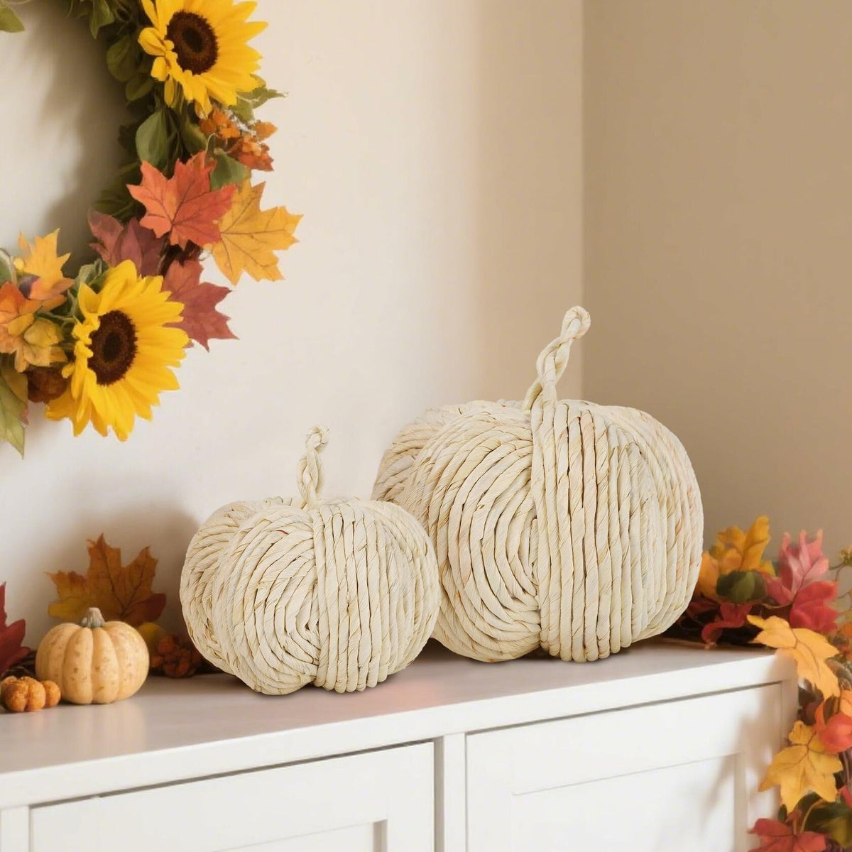 winemana 2 Pack Woven Pumpkin Decor Fall Thanksgiving White Assorted Size