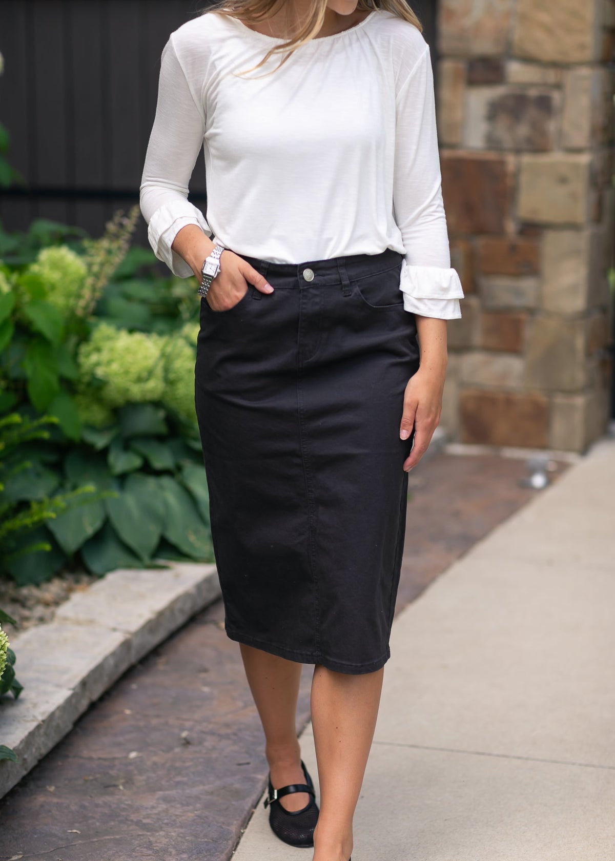 Remi Onyx Black Denim Midi Skirt