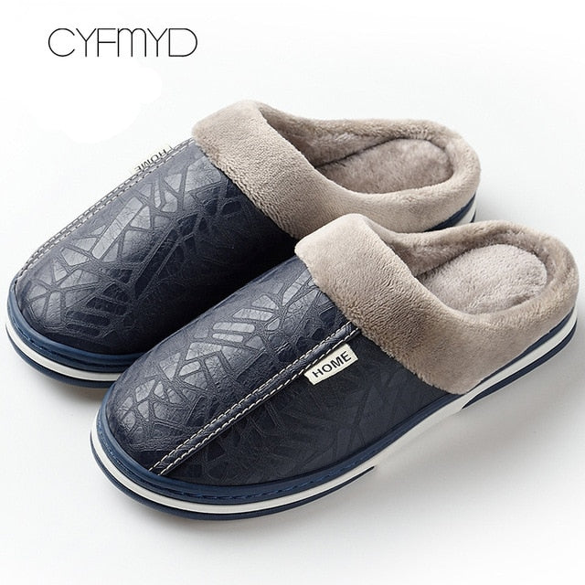 Men's Memory Foam Plush Non-Slip Indoor Leather Slippers