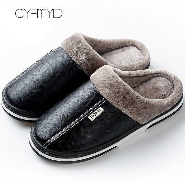 Men's Memory Foam Plush Non-Slip Indoor Leather Slippers