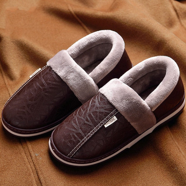 Men's Memory Foam Plush Non-Slip Indoor Leather Slippers